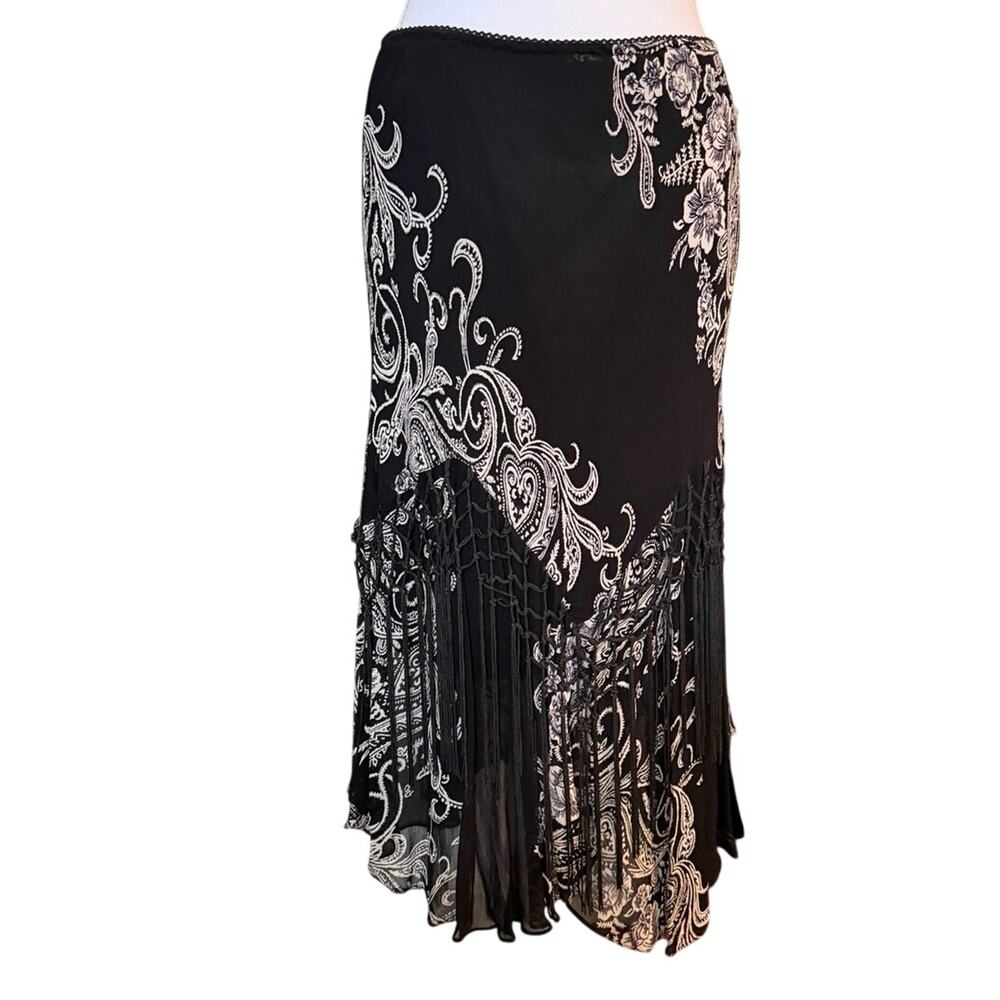 Y2K Boho Fringe Midi Skirt Paisley Handkerchief  Asymmetrical Hem Flamenco S